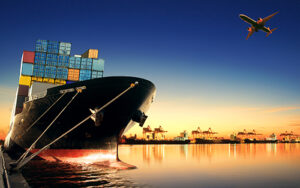 container ship in import,export port against beautiful morning light of loading ship yard use for freight and cargo shipping vessel transport